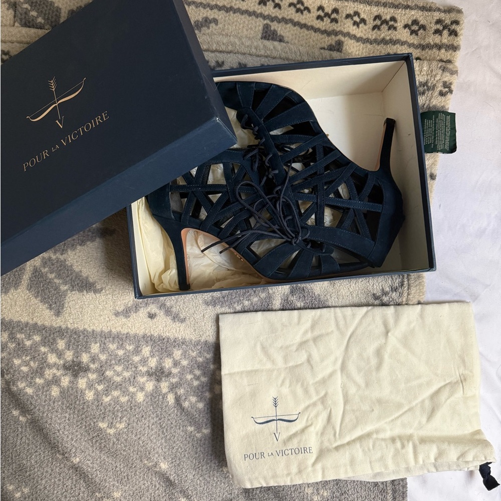 Pour La Victoire Charlize Navy Suede Strappy Heels
